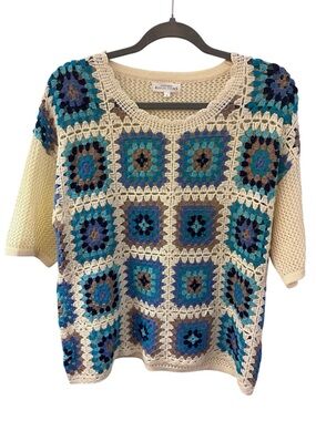 Northern Reflections Crochet Granny Square Short Sleeve Sweater Top Size L - EUC